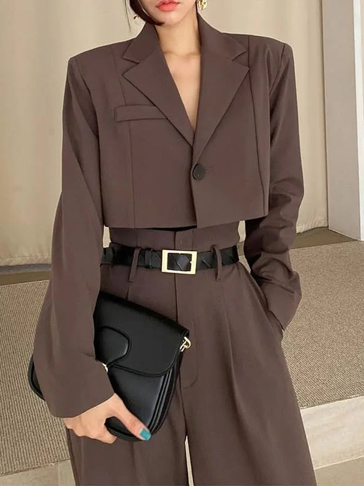 Office Lady Blazer Suits Vintage Two Piece Set Women Long Sleeve Short Blazer  High Waist Wide Leg Long Pants 2 Piece Outfits