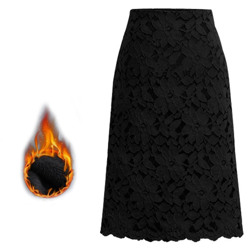 Women A-line Skirt Lace Elegant Office Skirts Womens Black Pencil Velvet Skirt For Women Warm Skirts Knee-length High Waist 