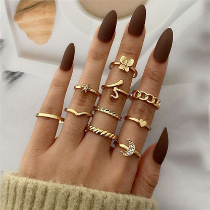 Bohemian Gold Color Chain Rings Set For Women Fashion Boho Coin Snake Moon Rings Party 2023 Trend Jewelry Gift