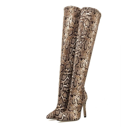 Leopard grain Serpentine Long Boots Women High Heel Boot Pointed Toe Sexy Club Shoes Thigh High Over-the-Knee Booties