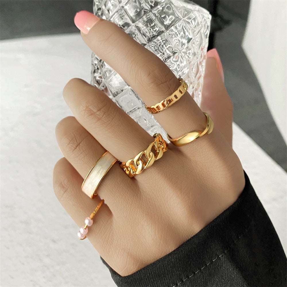 Bohemian Gold Color Chain Rings Set For Women Fashion Boho Coin Snake Moon Rings Party 2023 Trend Jewelry Gift