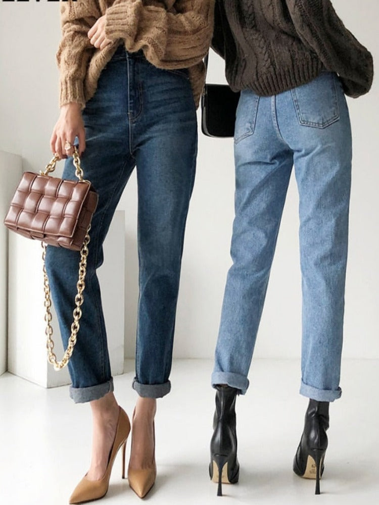 Stylish Streetwear Vintage Women's Denim Blue Jeans - Autumn Winter High Waist Loose Trousers - Straight Leg Jeans Pants