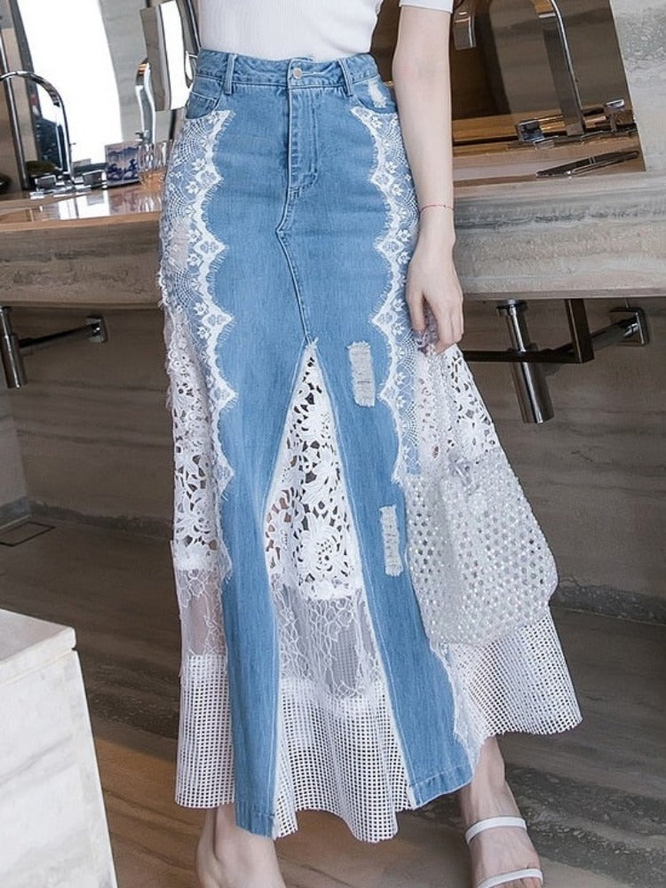 Spring Fashion Long Maxi Denim And Lace Fish Tail Skirt For Women S-2XL Mermaid Style High Waist Summer