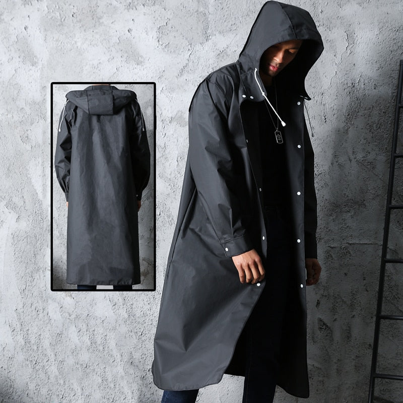 Fashionable Waterproof Long Raincoat Trench Coat for Adults Black Hooded Raincoat for Women and Men