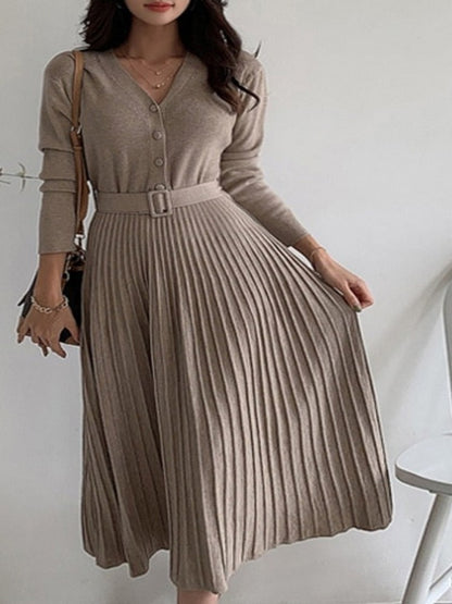 Elegant V-neck Single-breasted Women Thicken Sweater Dress Autumn Winter Knitted Belted Female A-line soft dresses