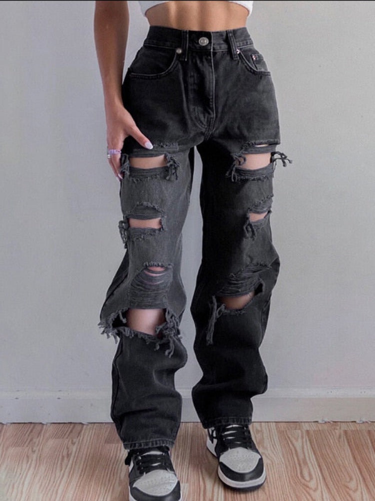 Trendy Streetwear Fashion Brown Blue Ripped Vintage Woman's Distressed Jeans High Waist Hole Hip Hop Straight Denim Trousers for Ladies