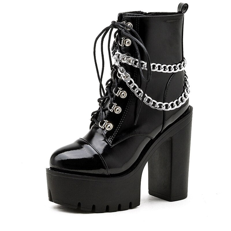 Night with Style Black Gothic Patent Leather Ankle Boots - High Heels Sexy Chains and Punk Vibes for Party Perfect Looks