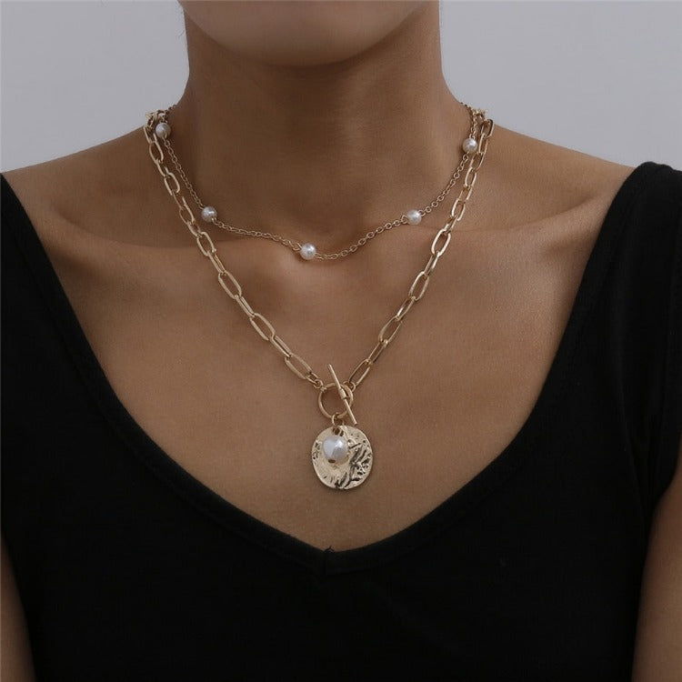 Punk Multi Layered Pearl Choker Necklace Mary Coin Crystal Pendant Necklace