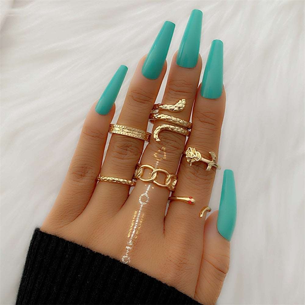 Bohemian Gold Color Chain Rings Set For Women Fashion Boho Coin Snake Moon Rings Party 2023 Trend Jewelry Gift