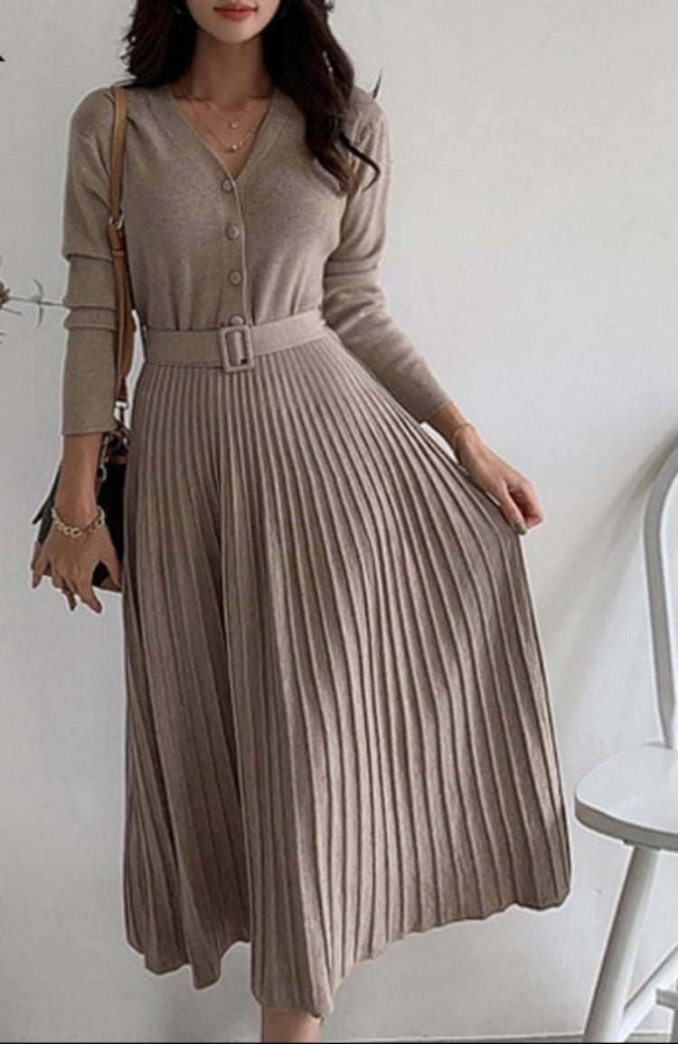 Elegant V-neck Single-breasted Women Thicken Sweater Dress Autumn Winter Knitted Belted Female A-line soft dresses