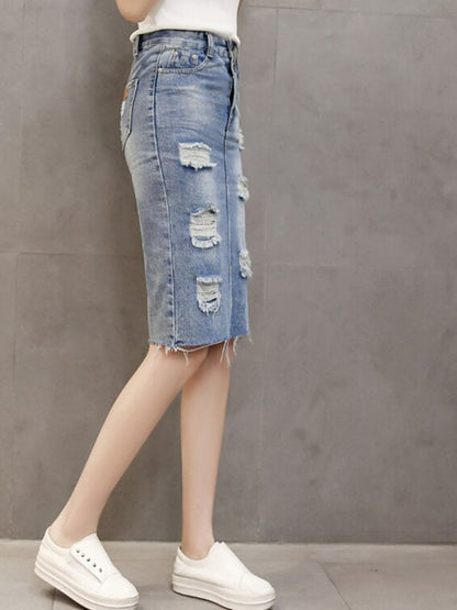 Summer 2023 Denim Teen Skirt High Waist Holes Back Slit Knee-length Midi Skirt Preppy Style