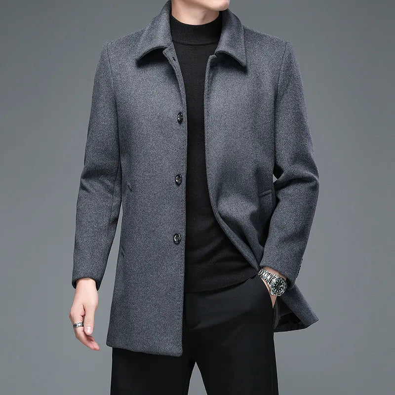 High-Quality Men's Winter Jackets and Coats Business Casual Woollen Trench Coats, Long Overcoat with Turn-Down Collar in Wool Blends