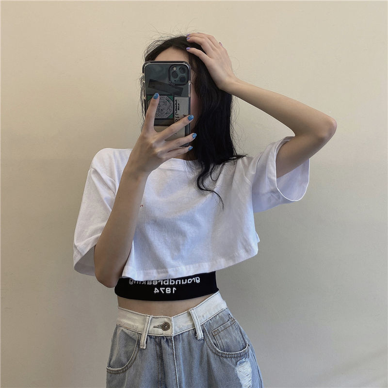 White Short Sleeved T-shirt Women Summer New Short High Waist Loose Crop Top Casual Basic Dancing Tees