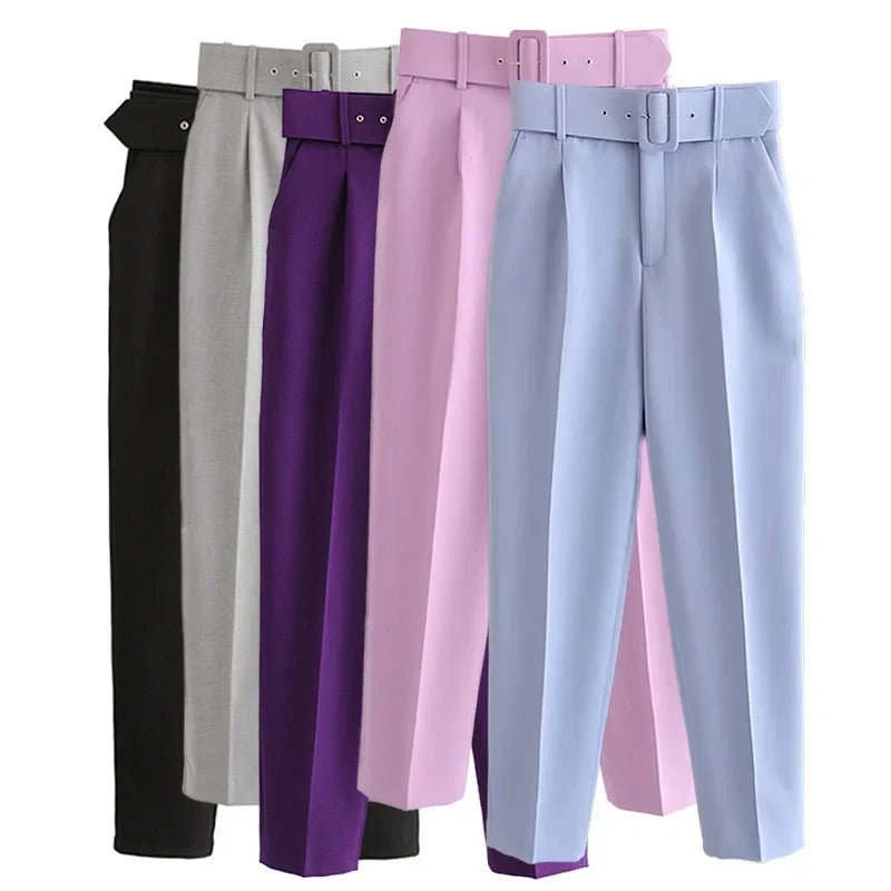 2005 New Spring Fall Solid Color High-waisted Straight Career Commuter  Pants Women's, Multi-color Casual Female Pants with Belt