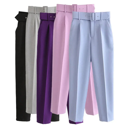 2005 New Spring Fall Solid Color High-waisted Straight Career Commuter  Pants Women's, Multi-color Casual Female Pants with Belt