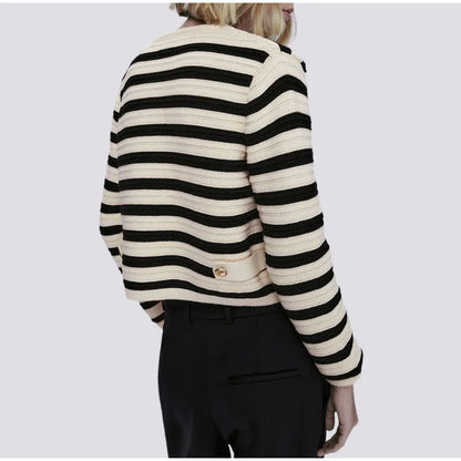 Chic Office Ladies Cardigan Casual Striped O-Neck Outerwear with Long Sleeves and Single-Breasted Design, Perfect for Autumn and Winter Fashion Knitted Sweater