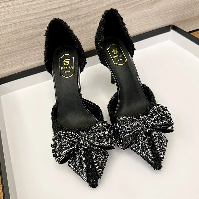 Luxury Pearl Crystal Bowtie White Wedding Shoes Women 2024 Spring Brand Designer High Heels Pumps Woman Thin Heeled Party Shoes