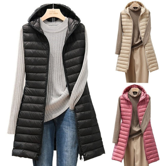 New Female Medium-Long Hooded Light Down Padded Jacket Autumn and Winter Cotton Vest Waistcoat