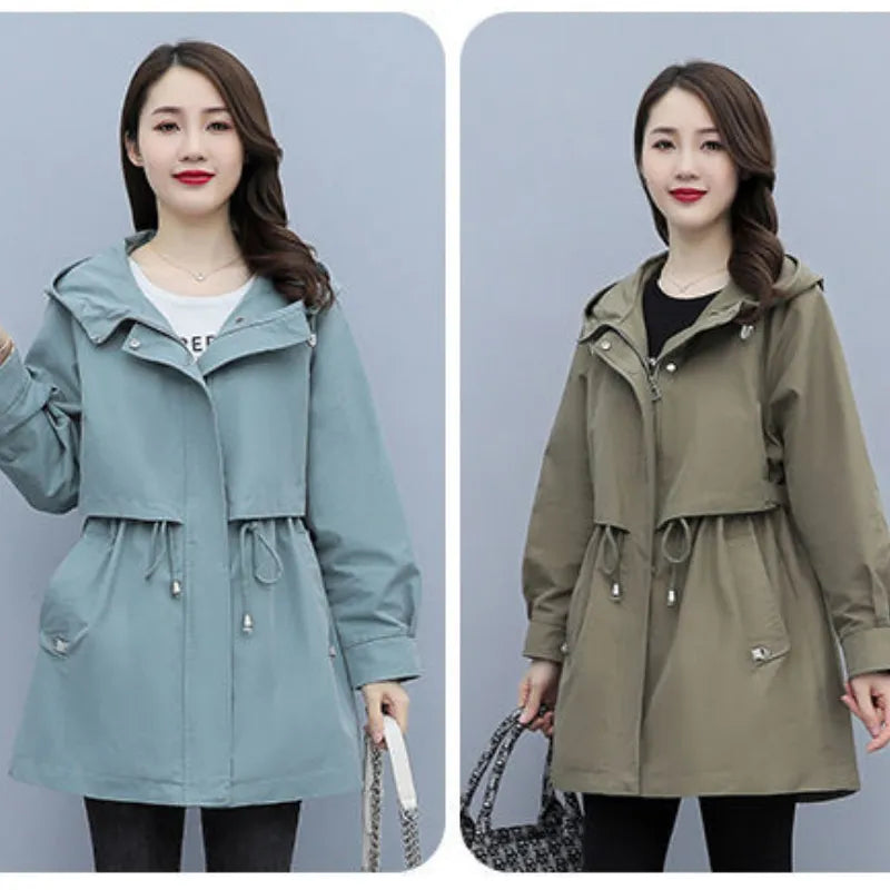 Spring and Autumn Women's Mid-length Trench Coat Hooded Zipper, British Style Loose Coats. Women's Clothing with Tie-In Jackets