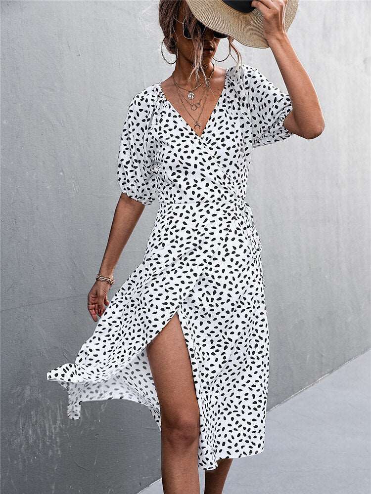 Boho Fashion A-line Split Casual Women Chiffon thigh-high split Dress V Neck Side Wrap Midi Dress Summer Polka Dot Dresses Female Puff Sleeve