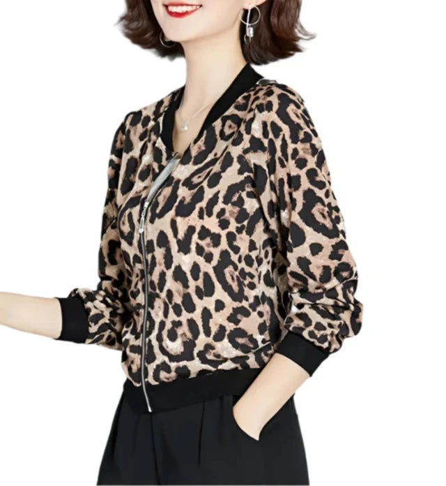 Leopard Print Women's Bomber Jacket - Thin Stand Collar Long Sleeve Casual Coat in Plus Sizes