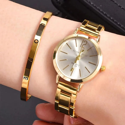 2pcs Set Watch Luxury Women Simple Dial Hollow Strap Fashion Gold Bracelet Quartz Wristwatch Student Ladies Watches Reloj Mujer