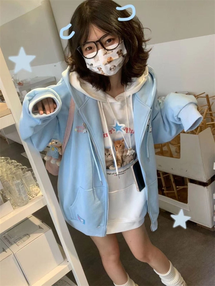 Harajuku Kawaii Pink Zip-Up Hoodie Women Cute Cartoon Beige Oversize Hooded Sweatshirts Korean Fleece Girly Blue Top Sweet