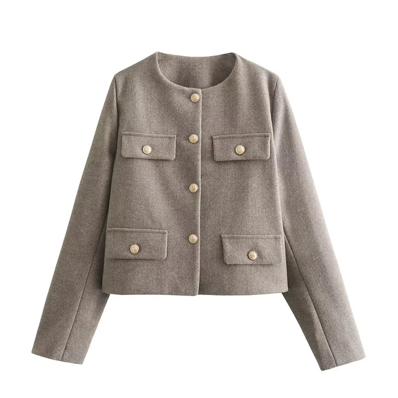 Fashion Tweed Jacket For Women Autumn Winter Long Sleeve Single Breasted Cropped Coat Female Solid O-neck Pocket Outwear Top