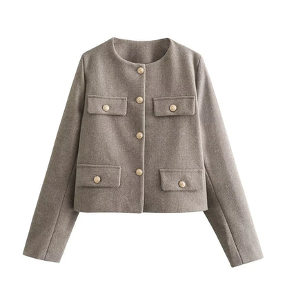 Fashion Tweed Jacket For Women Autumn Winter Long Sleeve Single Breasted Cropped Coat Female Solid O-neck Pocket Outwear Top