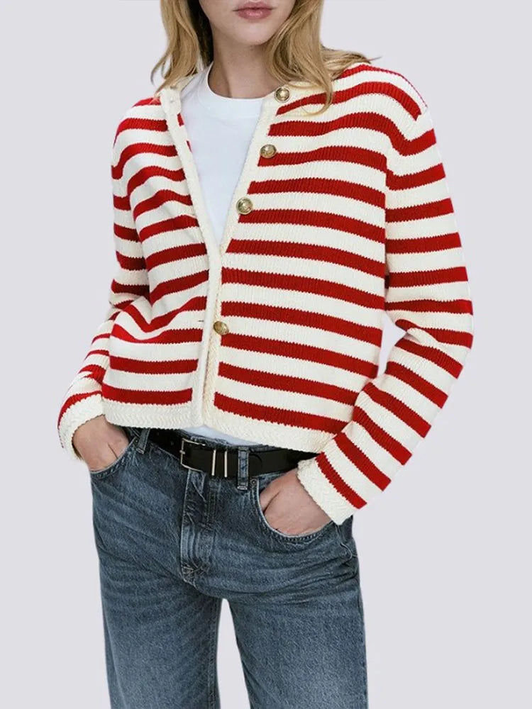 Chic Office Ladies Cardigan Casual Striped O-Neck Outerwear with Long Sleeves and Single-Breasted Design, Perfect for Autumn and Winter Fashion