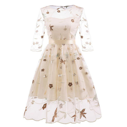 New Summer Floral Print Embroidery Tulle Female Dress Sweet Elegant High Waist Lace Up A-line Mesh Women Dresses 2XL