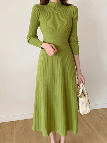 Autumn Winter Slim Long Sleeve Party Midi Dress for Women Knitted Half High Collar Elegant Knitted Sweater Dresses Ladies