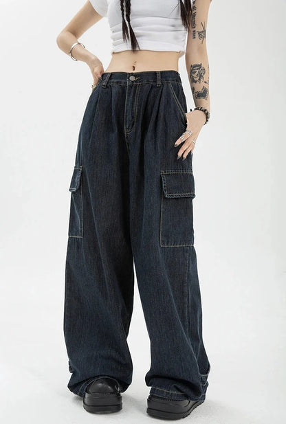 Autumn Women Harajuku Cargo Baggy Blue Jeans Streetwear Hip Hop Oversize Casual Wide Leg Vintage Demin Pants Y2k Loose Trousers