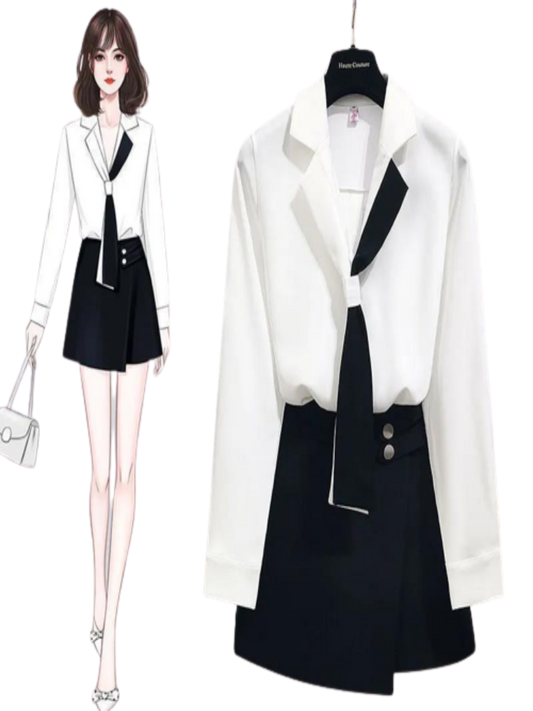 Women's Korean Fashion Elegant Blouse Dress Set: A Chic Two-Piece Professional Suit featuring a Girl White Shirt Top and Midi Skirt