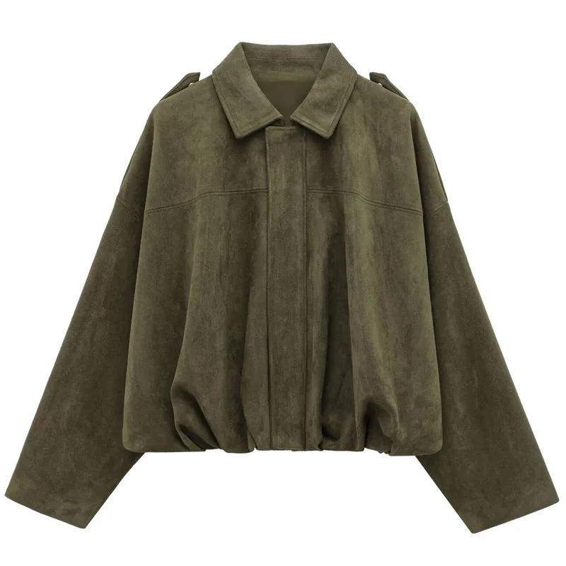 Women's Bomber Jacket Lapel Long Sleeve Zipper Suede Jacket Women 2025 High Street Cropped Racing Jackets Coats Outerwears