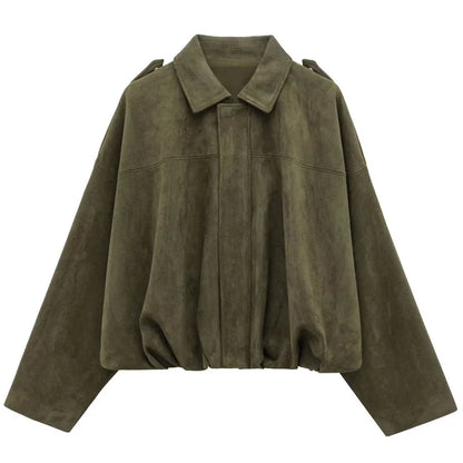 Women's Bomber Jacket Lapel Long Sleeve Zipper Suede Jacket Women 2025 High Street Cropped Racing Jackets Coats Outerwears