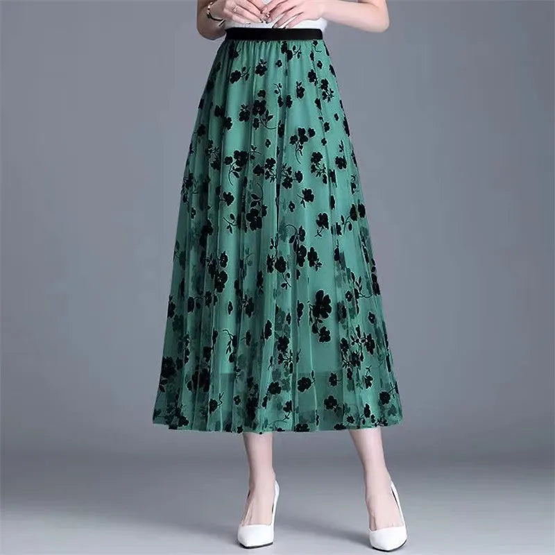 Mid-length All-match High-waist Slimming Flocking Floral Mesh Long Gauze Skirts