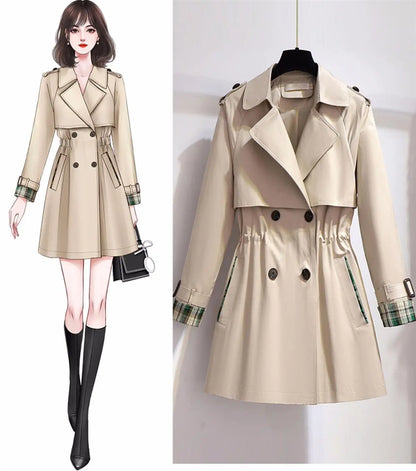 Spring and Autumn Fashion Women's Mid-length Trench Coat with Double-Breasted Design, Lining, and Drawstring Waist, Formal Jacket for Females