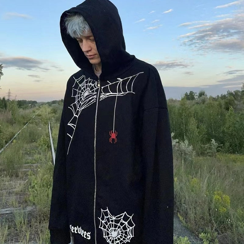 Spider Web Red Graphic Hoodies Y2K Zip Up Hoodie for Men and Women Warm Vintage Grunge Men's Clothing Harajuku Sweatshirt Tops