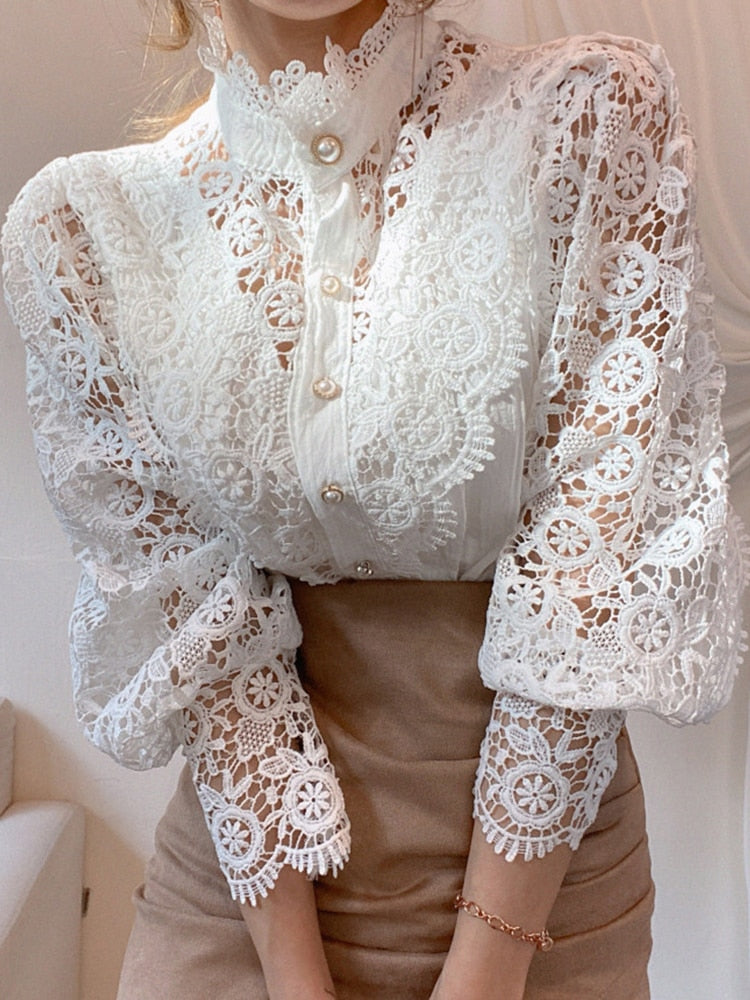 Lace Patchwork Hollow Out Shirt Blouse Long Sleeve O-Neck Mesh Tops 2023