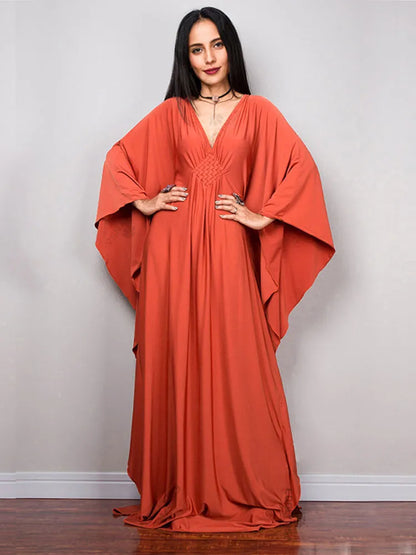 Solid V-neck Batwing Sleeve Plus Size Kaftan Loose Maxi Dopamine Dresses Women Summer Beachwear Bathing Robe Soft House Dress