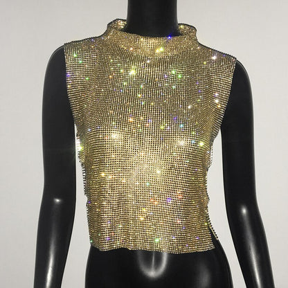 Sexy Rhinestone Glitter Turtleneck T-Shirt Women Backless Party Crop Top  Adjustable Metal Chain Diamond Tank Top Summer Nightclub