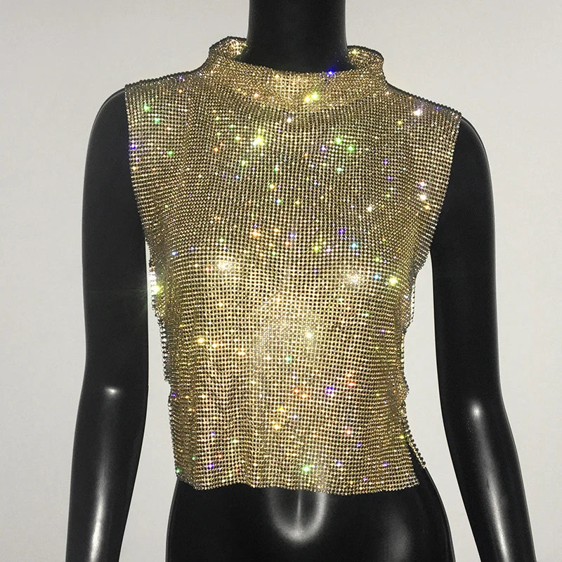 Sexy Rhinestone Glitter Turtleneck T-Shirt Women Backless Party Crop Top Adjustable Metal Chain Diamond Tank Top Summer Nightclub 2025