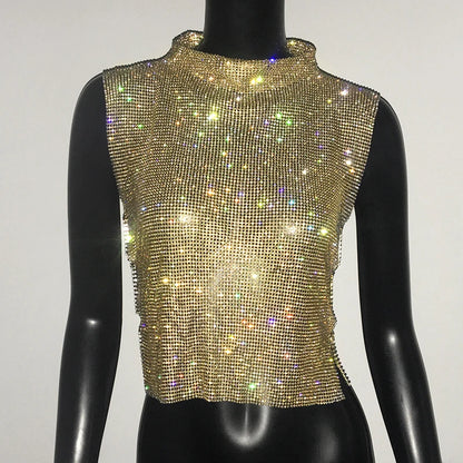 Sexy Rhinestone Glitter Turtleneck T-Shirt Women Backless Party Crop Top Adjustable Metal Chain Diamond Tank Top Summer Nightclub 2025