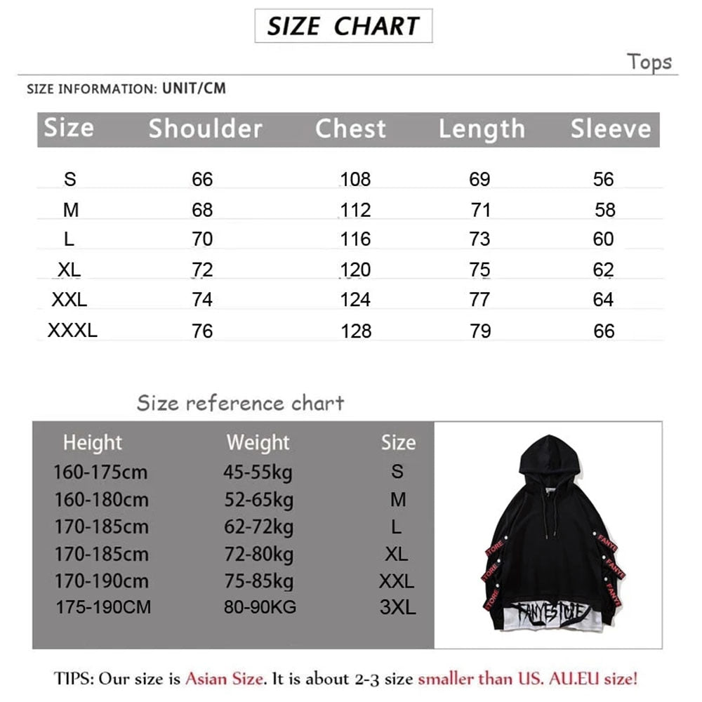 Men's Hoodie Sweatshirt Autumn Casual Black Hoodies Tops 3XL Techwear Hip Hop Harajuku Patchwork Japanese Streetwear Men