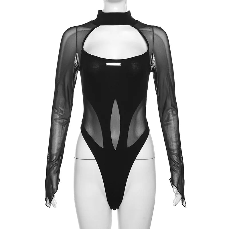 Goth Dark Sheer Mesh Patchwork Cyber Y2k Bodysuits Hollow Out Moto Biker Bodycon T-shirts Women Gothic Punk Long Sleeve Bodysuit