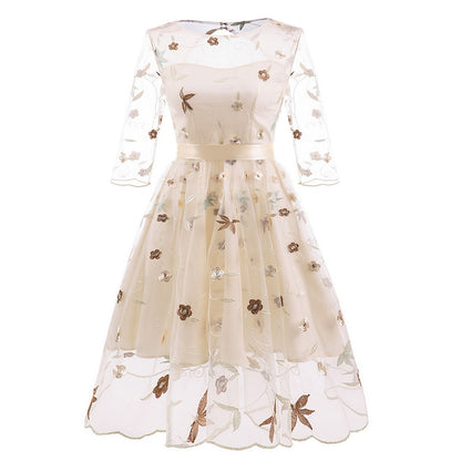 New Summer Floral Print Embroidery Tulle Female Dress Sweet Elegant High Waist Lace Up A-line Mesh Women Dresses 2XL