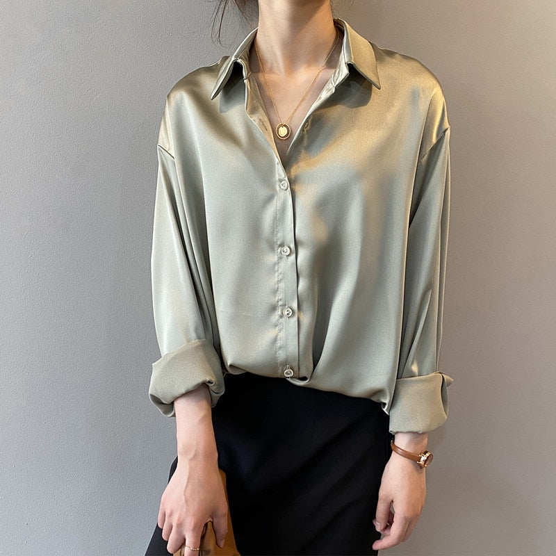 Autumn Fashion Button Up Satin Silk Shirt