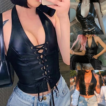 Crop Top Women Sexy Patent Bandage Vest Leather Strappy Corset Top Black Fashion Gothic Tank Top Party Club Female Clothing