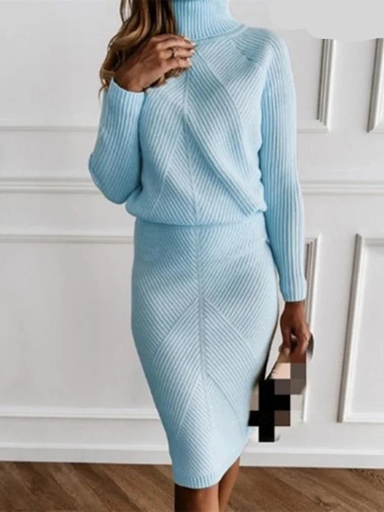 Autumn Women's Knitting Costume Turtleneck Solid Color Pullover Sweater + Slim Skirt Two-Piece Set